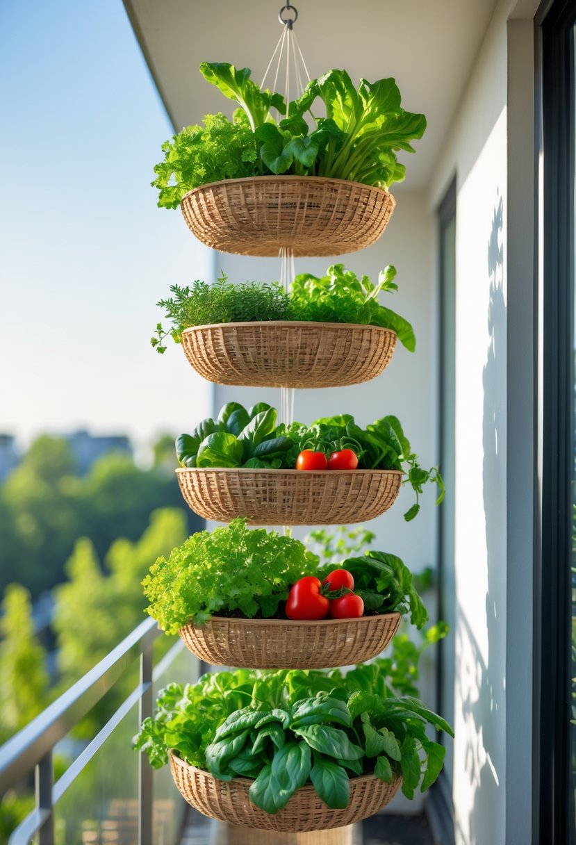 A vertical garden with multiple hanging baskets filled with green vegetable plants on a small balcony.