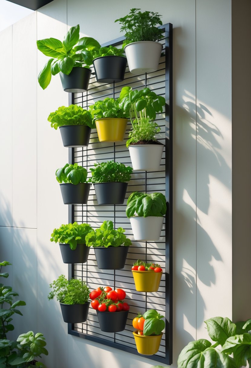 A vertical metal grid mounted on a wall with hanging pots containing various green vegetables and herbs in a small space.