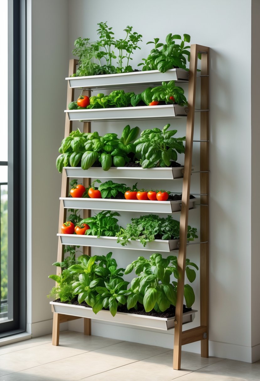 A vertical garden frame with shelves filled with various fresh vegetables and herbs in a compact arrangement.