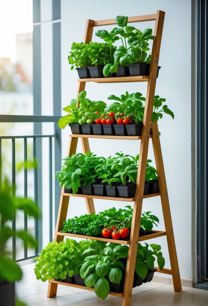 A ladder-style wooden plant stand with multiple tiers holding various green vegetables and herbs on a small balcony.