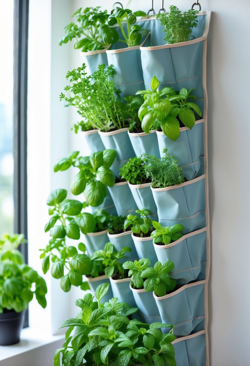 A hanging shoe organizer with 16 pockets filled with various fresh green herbs, displayed as a vertical garden in a small indoor space.