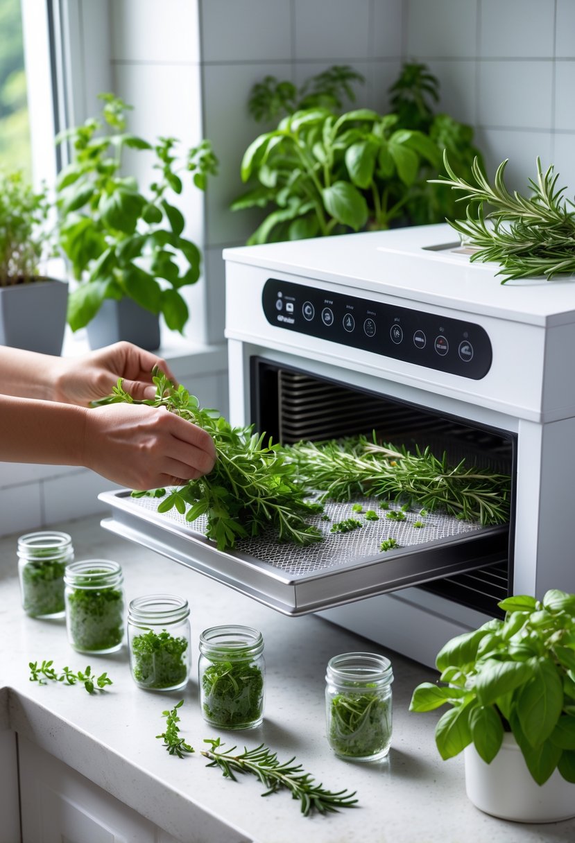 Hands placing fresh herbs onto a tray inside a freeze-dryer machine on a kitchen counter with jars of freeze-dried herbs nearby.
