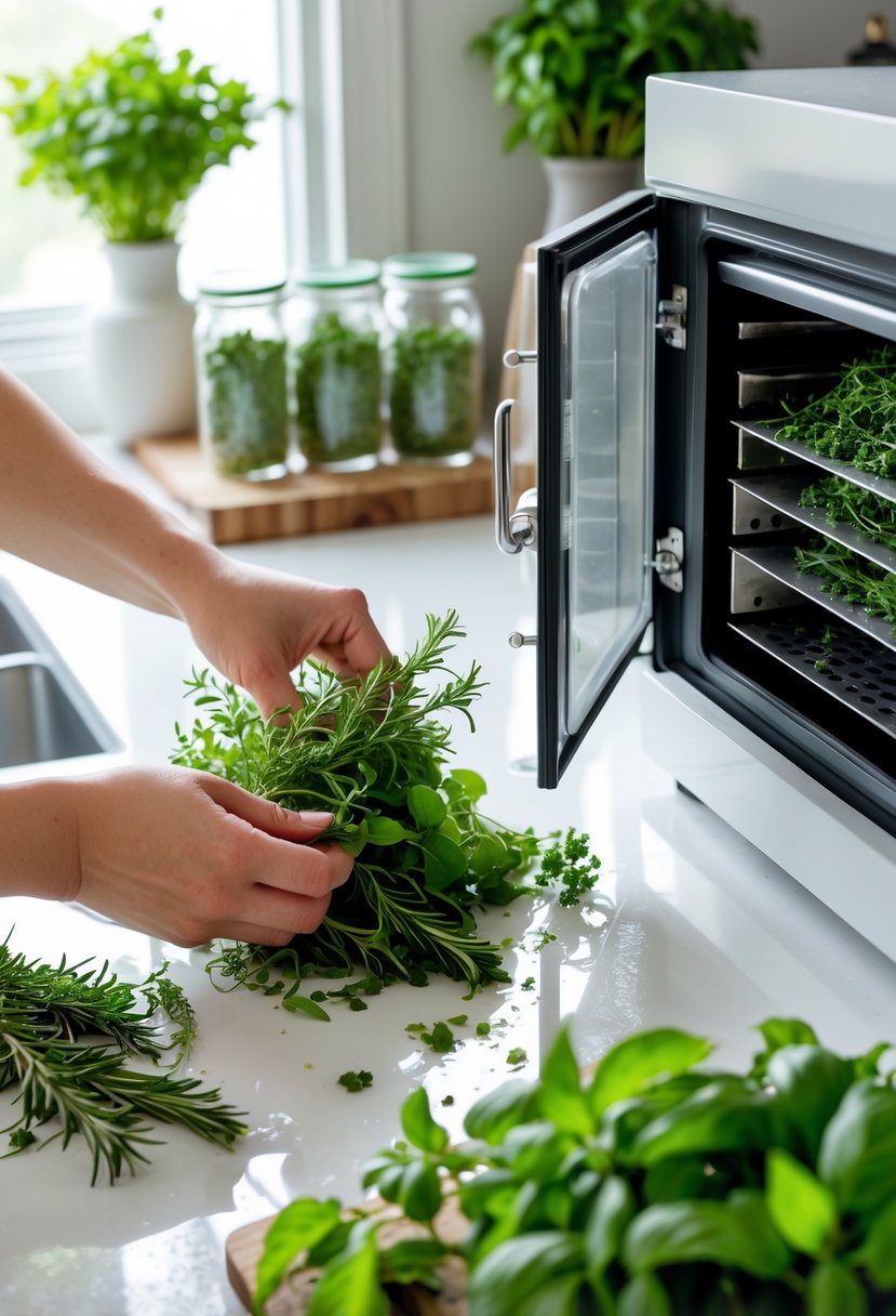 Hands preparing fresh herbs on a kitchen counter next to a freeze-dryer machine with jars of dried herbs in the background.