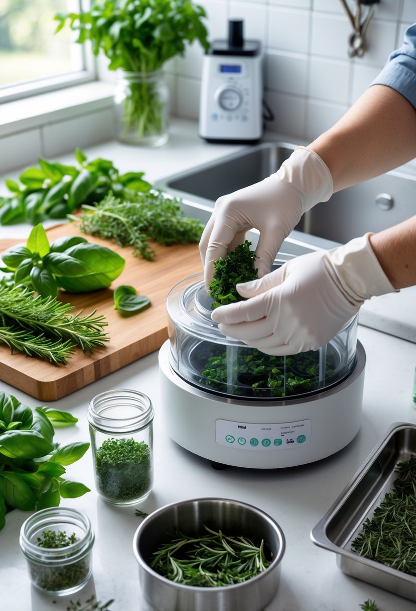 A person placing fresh herbs into a freeze-drying machine in a bright kitchen, with fresh and dried herbs arranged nearby.