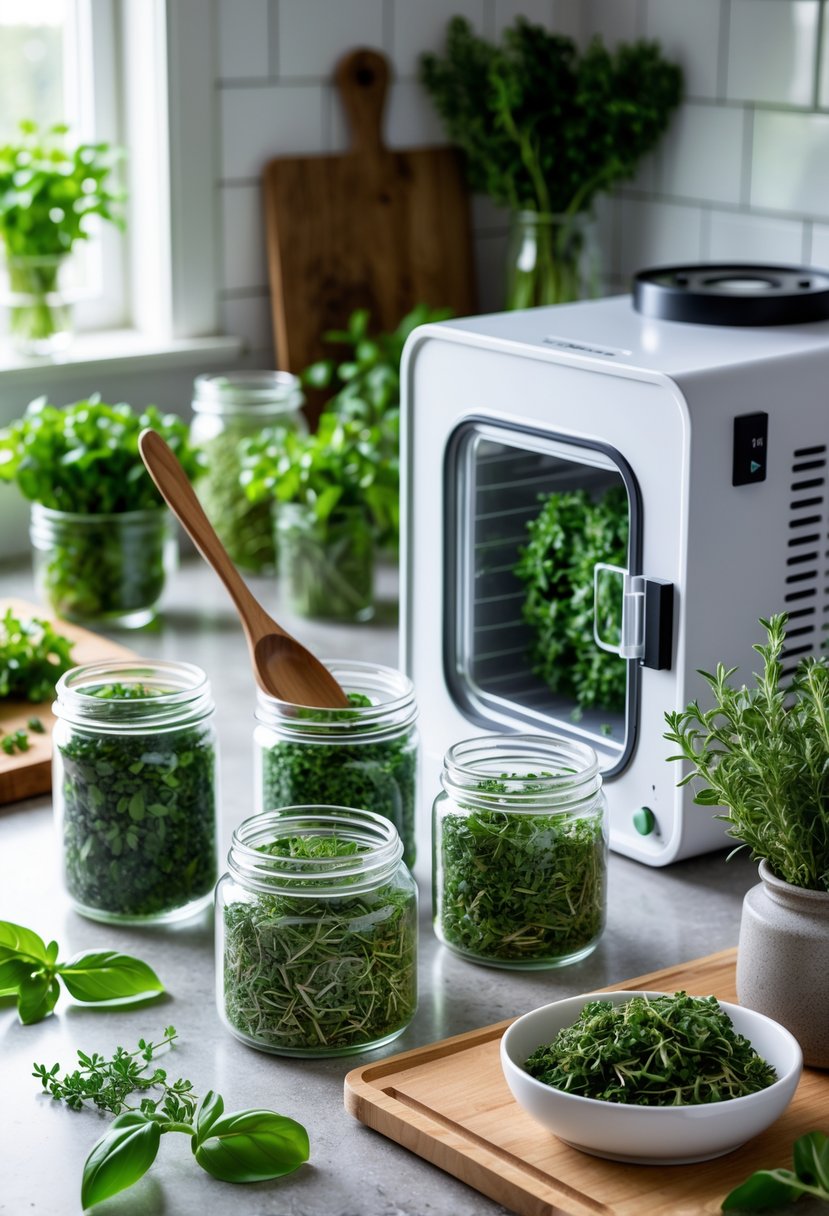 A kitchen countertop with glass jars of freeze-dried herbs, a freeze-dryer machine, fresh herbs, and a bowl of rehydrated herbs.