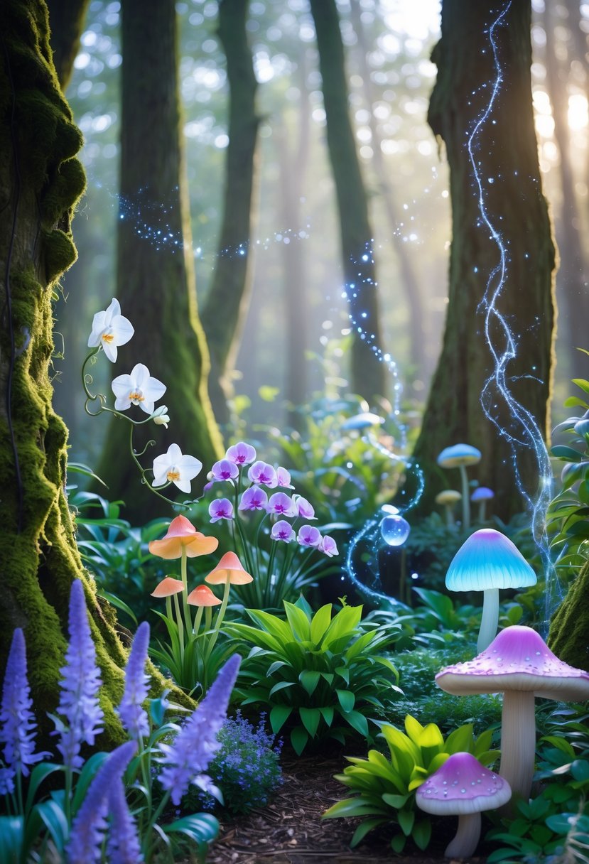 A lush garden filled with fourteen unique magical plants including glowing flowers, twisting vines, and colorful mushrooms under soft sunlight with tiny glowing orbs floating above.
