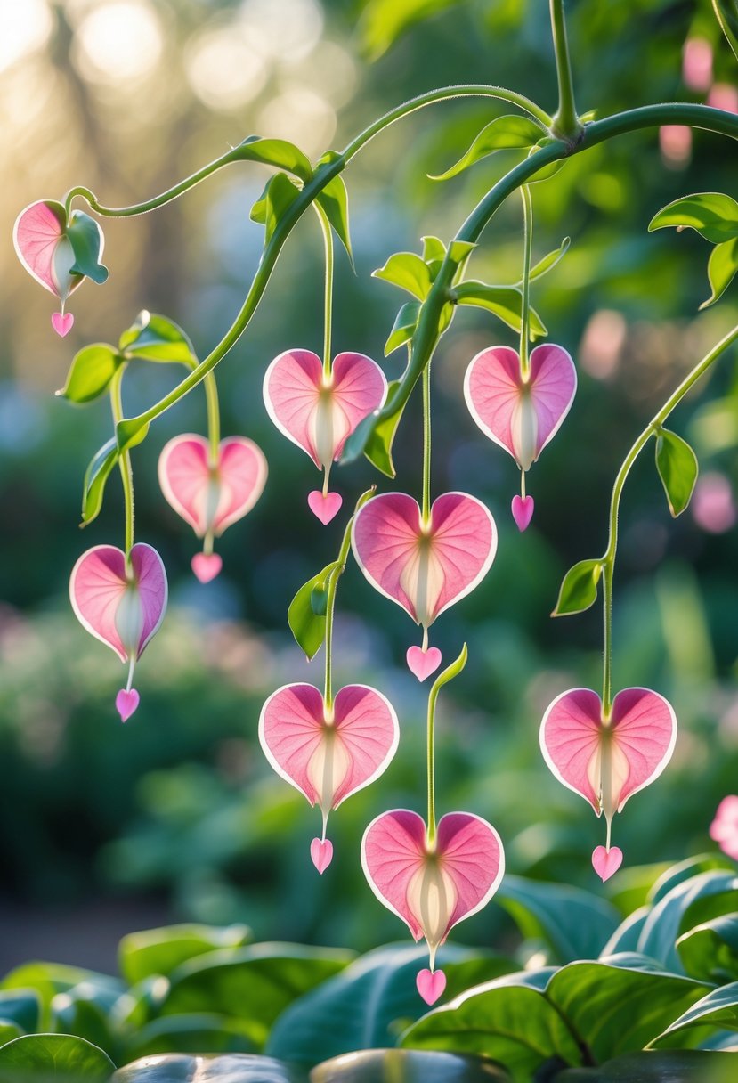 Close-up of a Bleeding Heart plant with pink and white heart-shaped flowers hanging from green stems in a garden.