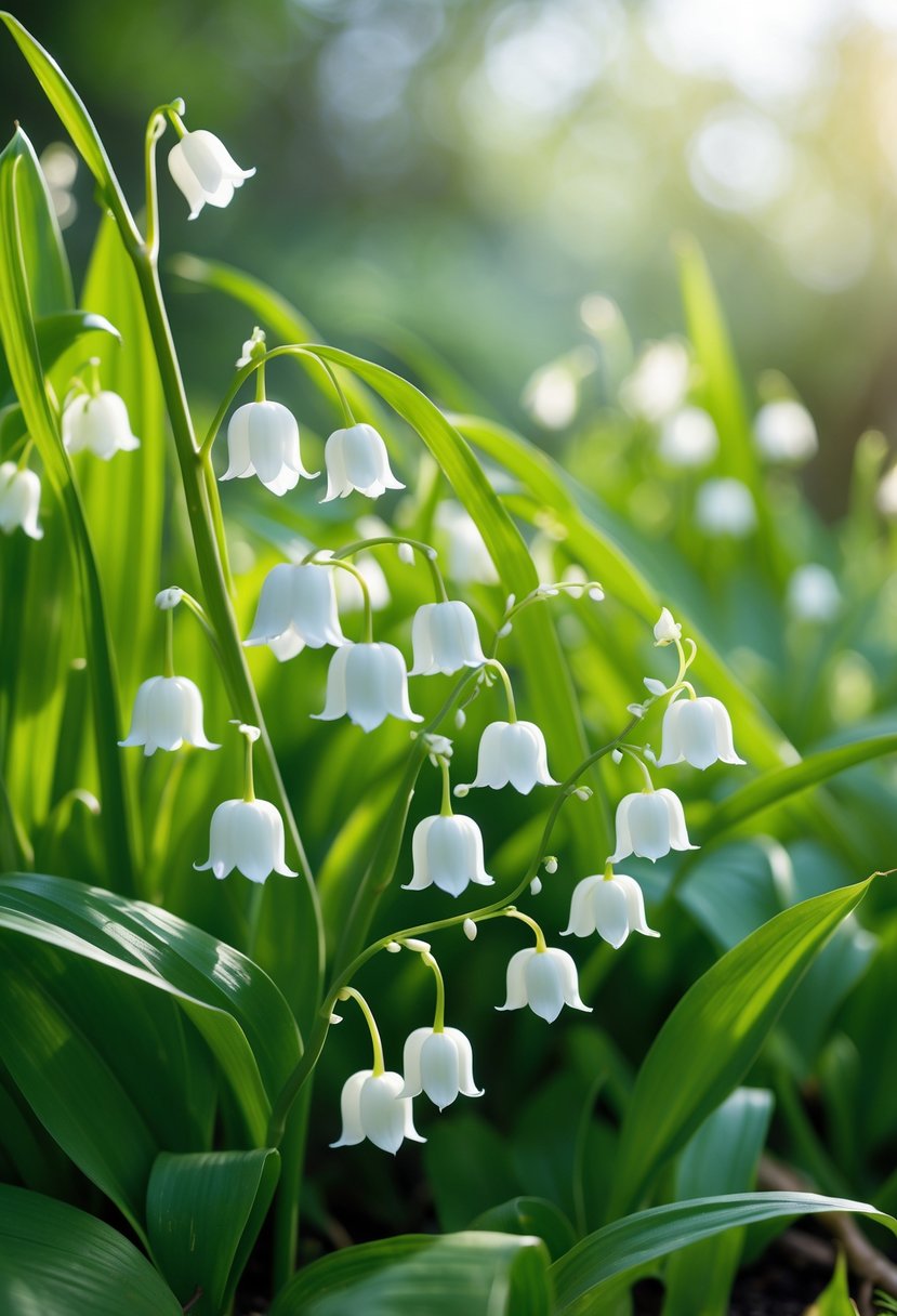 Close-up of white bell-shaped Lily of the Valley flowers and green leaves in a garden setting.