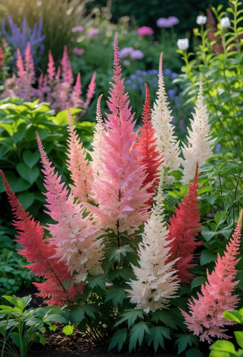 Clusters of pink and white Astilbe flowers blooming in a sunlit garden surrounded by green foliage and other plants.