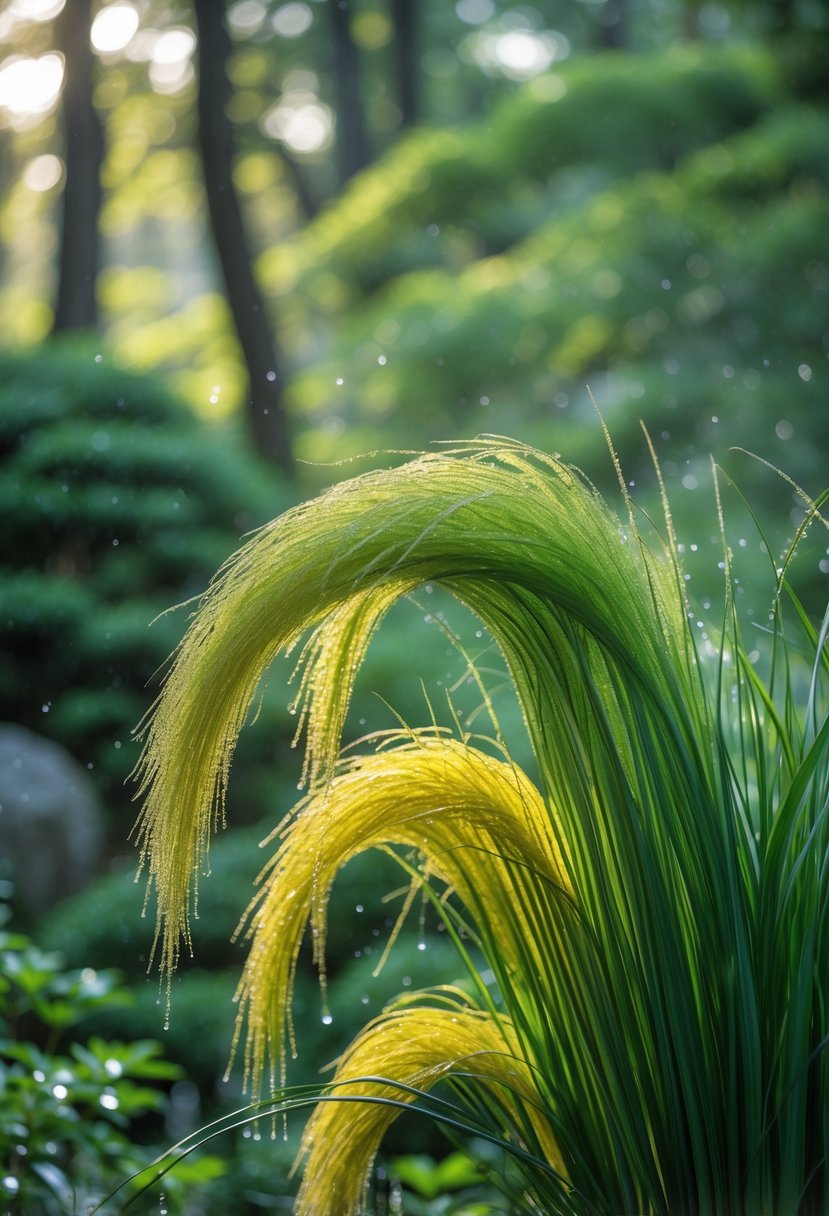 Close-up of Japanese Forest Grass with green and yellow leaves gently arching in a peaceful garden with soft sunlight and a blurred forest background.