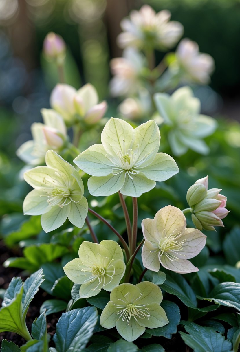 Close-up of blooming hellebore flowers with green leaves in a garden.