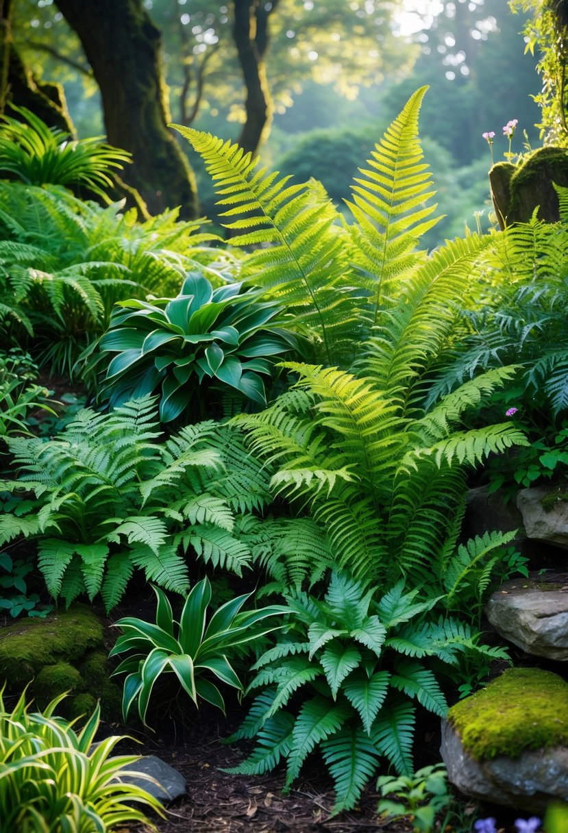 A variety of green ferns with different leaf shapes growing together in a sunlit garden with moss and soil.