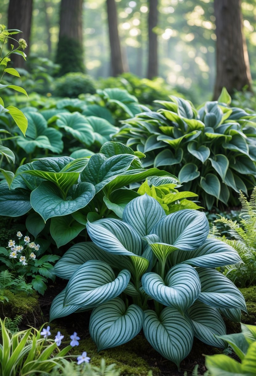 A close-up view of various hosta plants with large green and variegated leaves growing in a shaded garden area with soft natural light and surrounding foliage.
