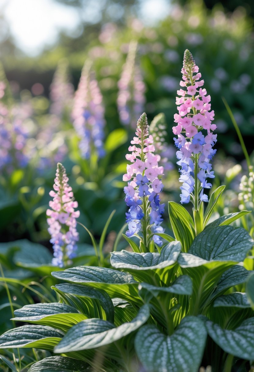 Clusters of Lungwort plants with pink, purple, and blue flowers and speckled green leaves in a sunlit garden.