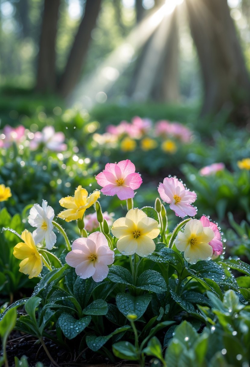 Close-up of colorful primrose flowers blooming in a lush green garden with sunlight filtering through trees.