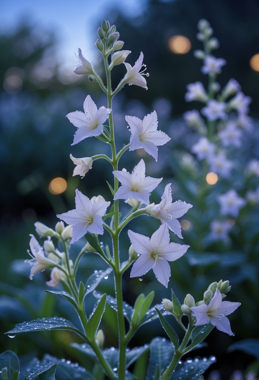 Close-up of delicate white Night-Scented Stock flowers blooming in a garden at twilight.