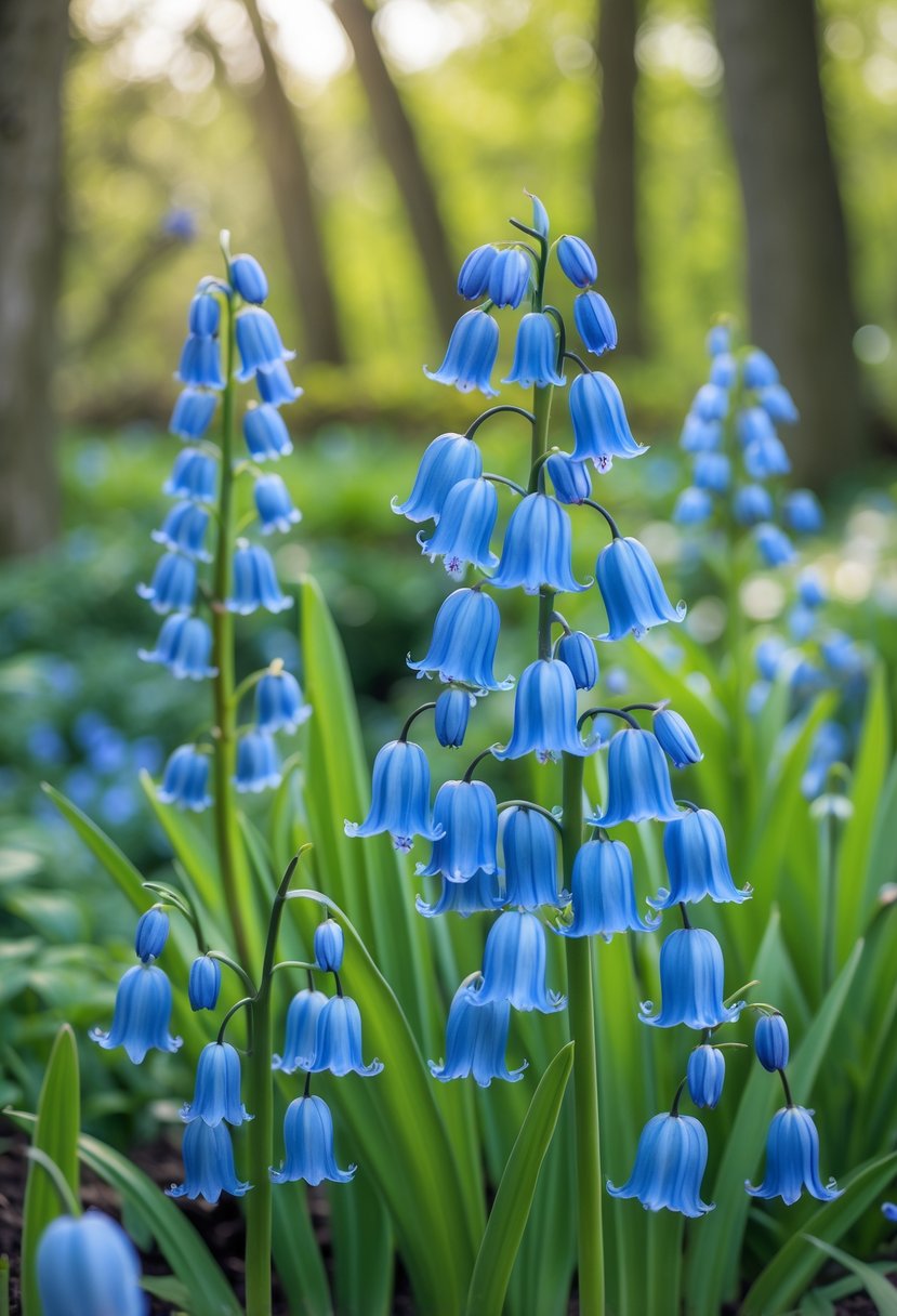 Close-up of vibrant bluebell flowers blooming in a green garden with soft sunlight filtering through trees.