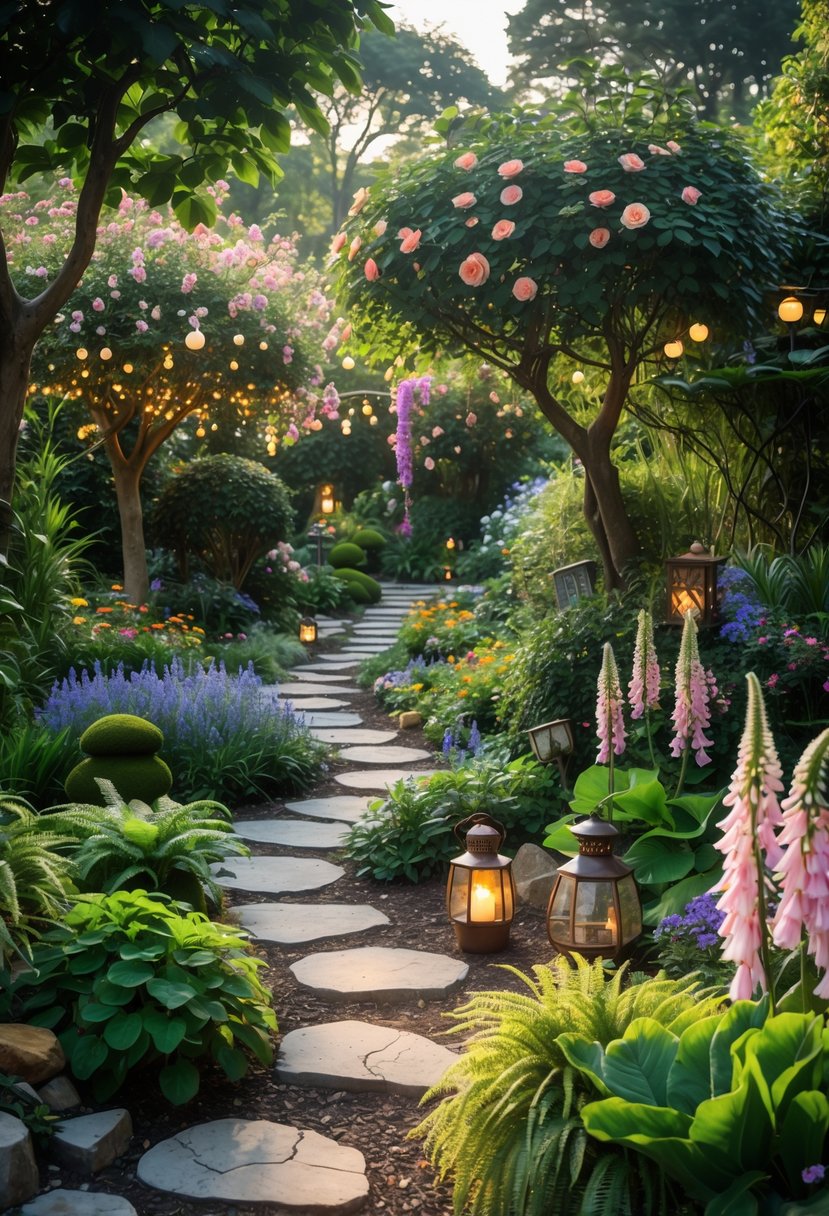 A lush garden with colorful flowers, winding stone paths, and trees with hanging lights creating a magical atmosphere.