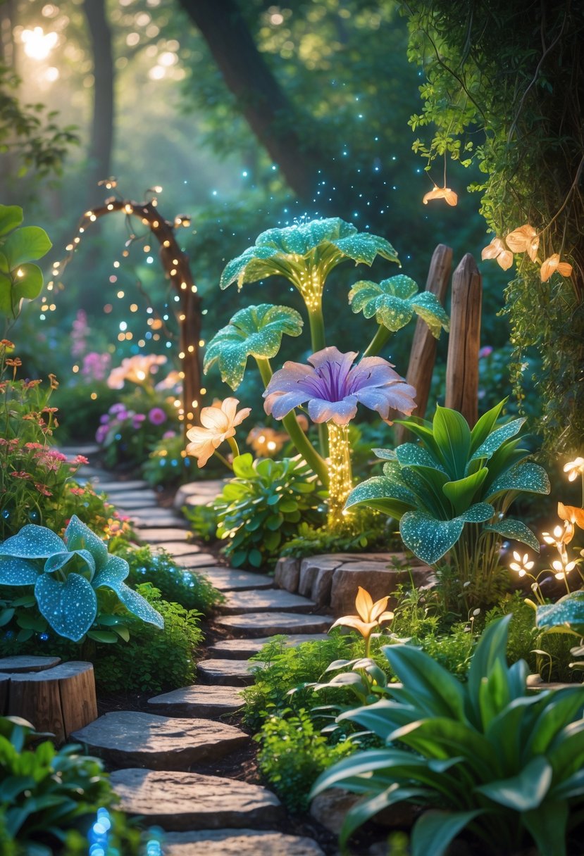 A colorful garden filled with fourteen unique, glowing and whimsical plants surrounded by natural stone paths and soft sunlight.