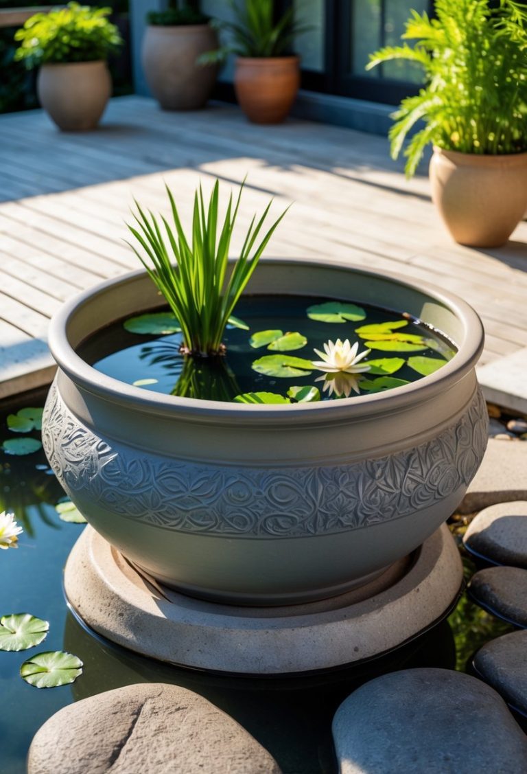 A container patio pond with aquatic plants on a wooden deck surrounded by patio stones and potted greenery.