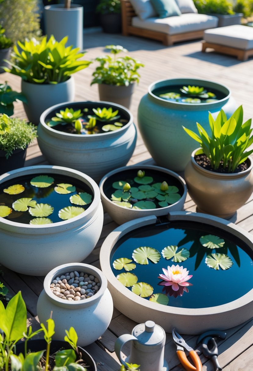 Various containers filled with water and aquatic plants arranged on a sunny patio surrounded by garden plants and tools.