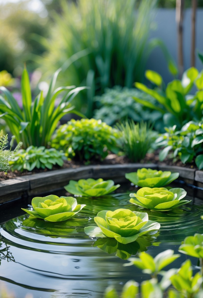 A small pond with floating dwarf water lettuce and various other green aquatic plants surrounded by natural garden greenery.