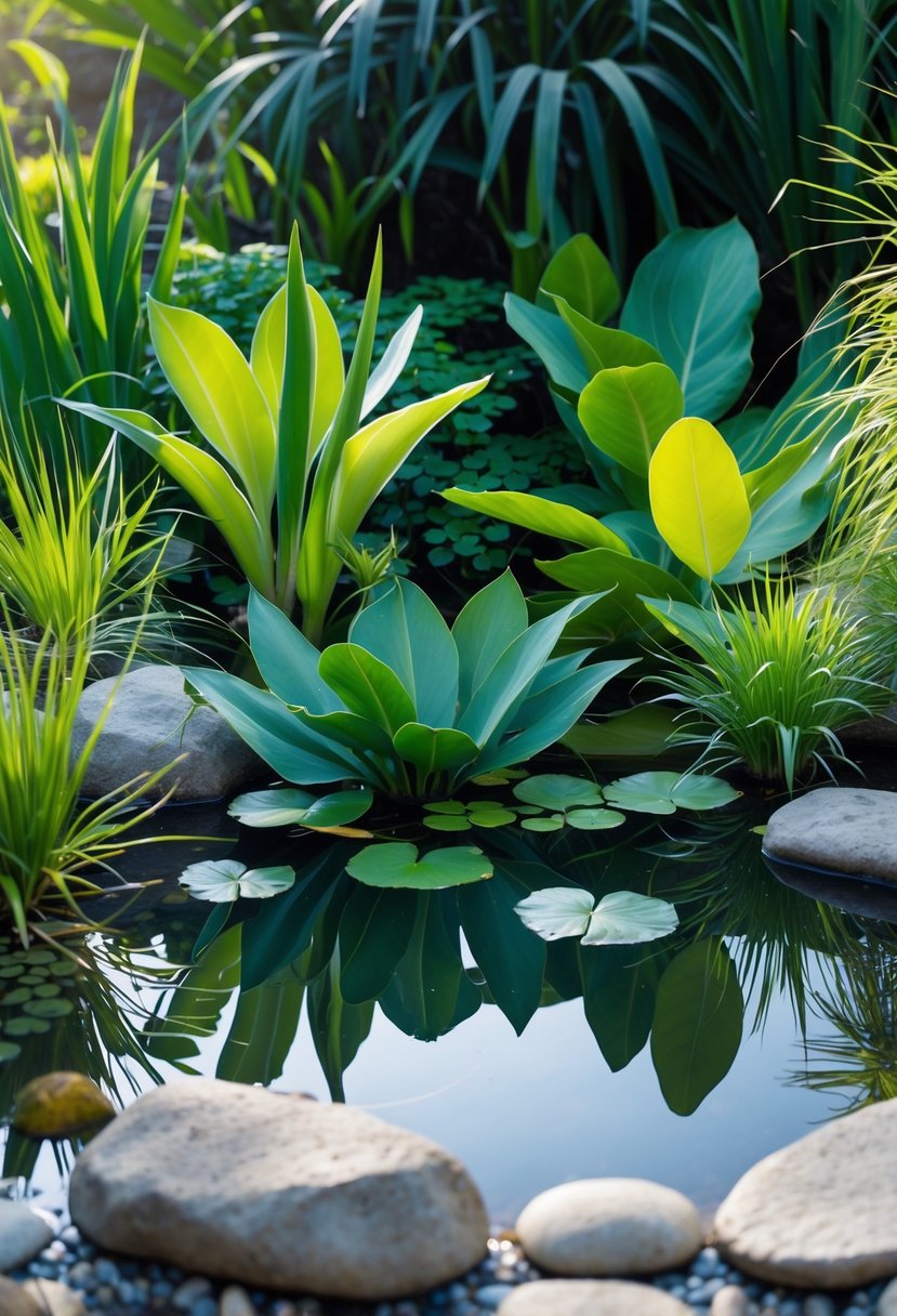 A small pond with nine different low-maintenance aquatic plants, including taro, surrounded by stones and greenery.
