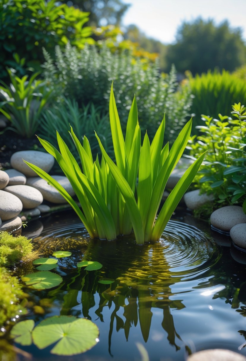 A small pond with clear water surrounded by green Arrowhead plants and other low-maintenance aquatic plants, bordered by stones and moss.