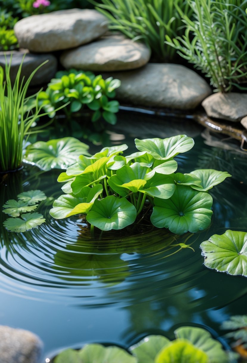 A clear mini pond with vibrant green hornwort plants submerged in water, surrounded by stones and other aquatic plants.