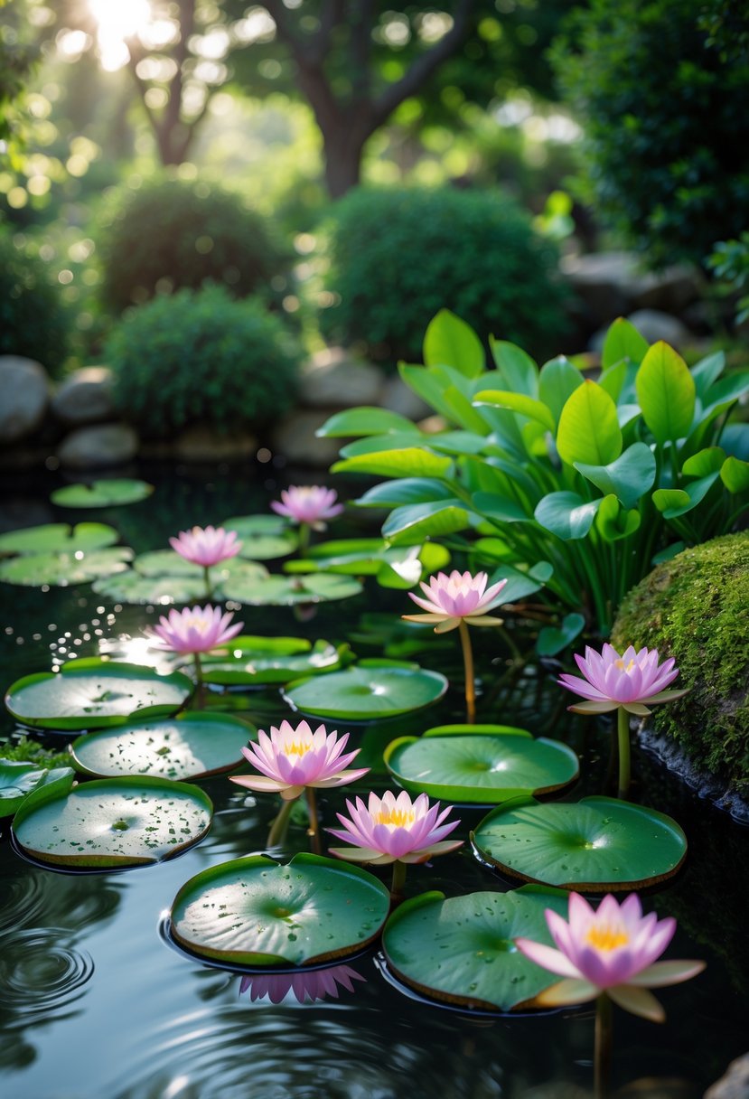 A mini pond with nine blooming water lilies and green aquatic plants surrounded by rocks and foliage.