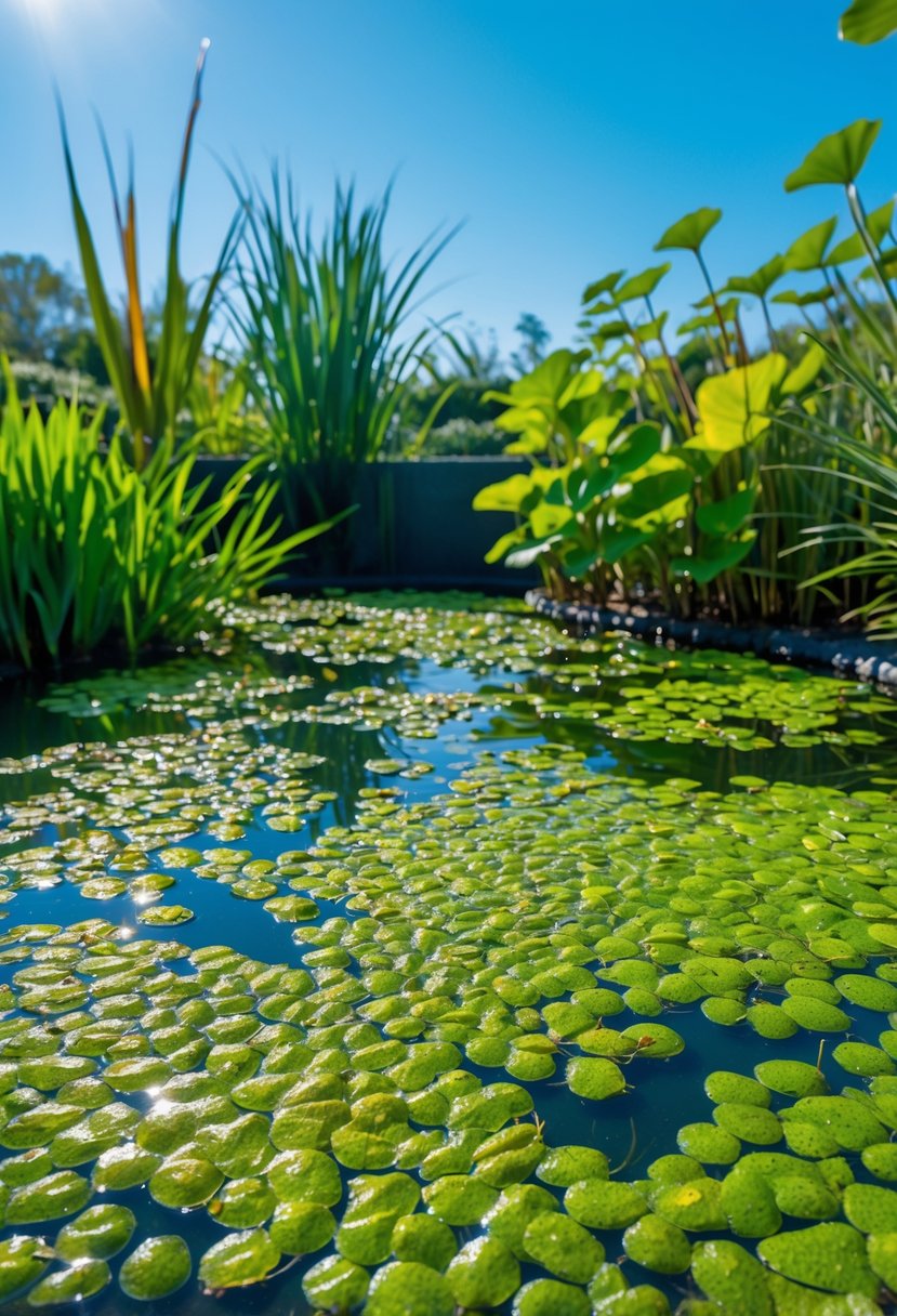A small clear pond covered with green duckweed and surrounded by various aquatic plants under natural sunlight.