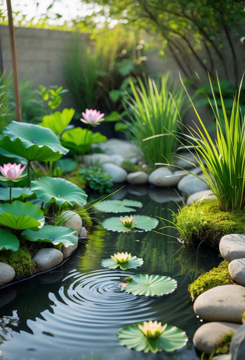 A small clear pond surrounded by green aquatic plants and natural stones in a peaceful garden setting.