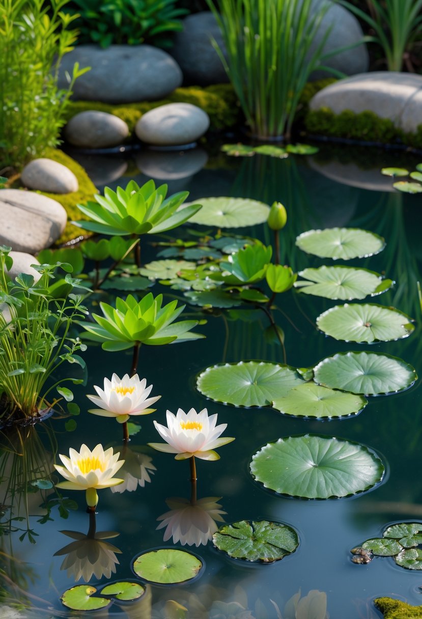 A mini pond with nine different low-maintenance aquatic plants growing in and around clear water surrounded by natural stones and greenery.