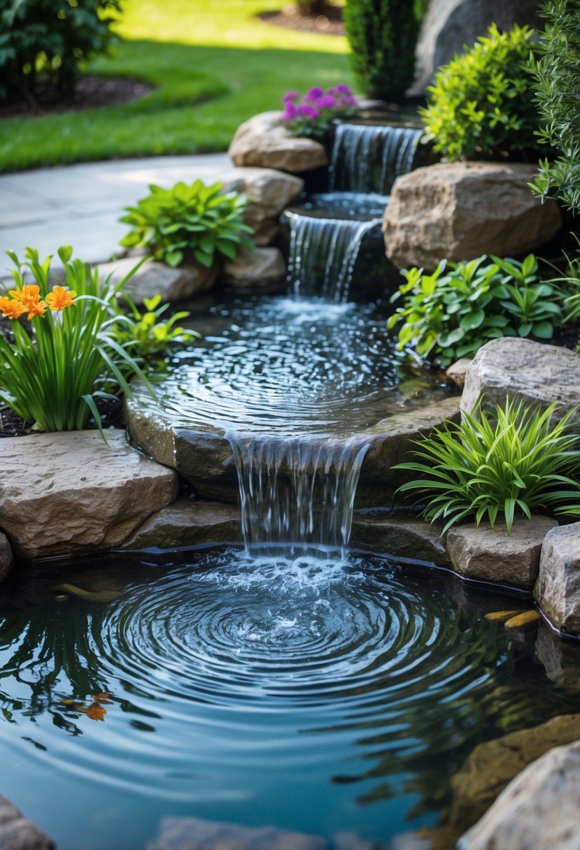 A small garden pond with a waterfall surrounded by plants and rocks.