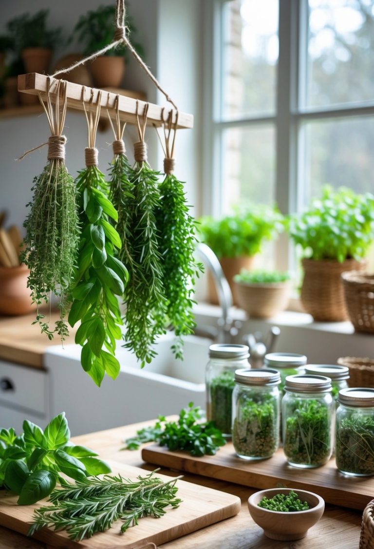Fresh herbs tied and hanging to dry in a kitchen with jars of dried herbs on a wooden table and potted herbs on a windowsill.