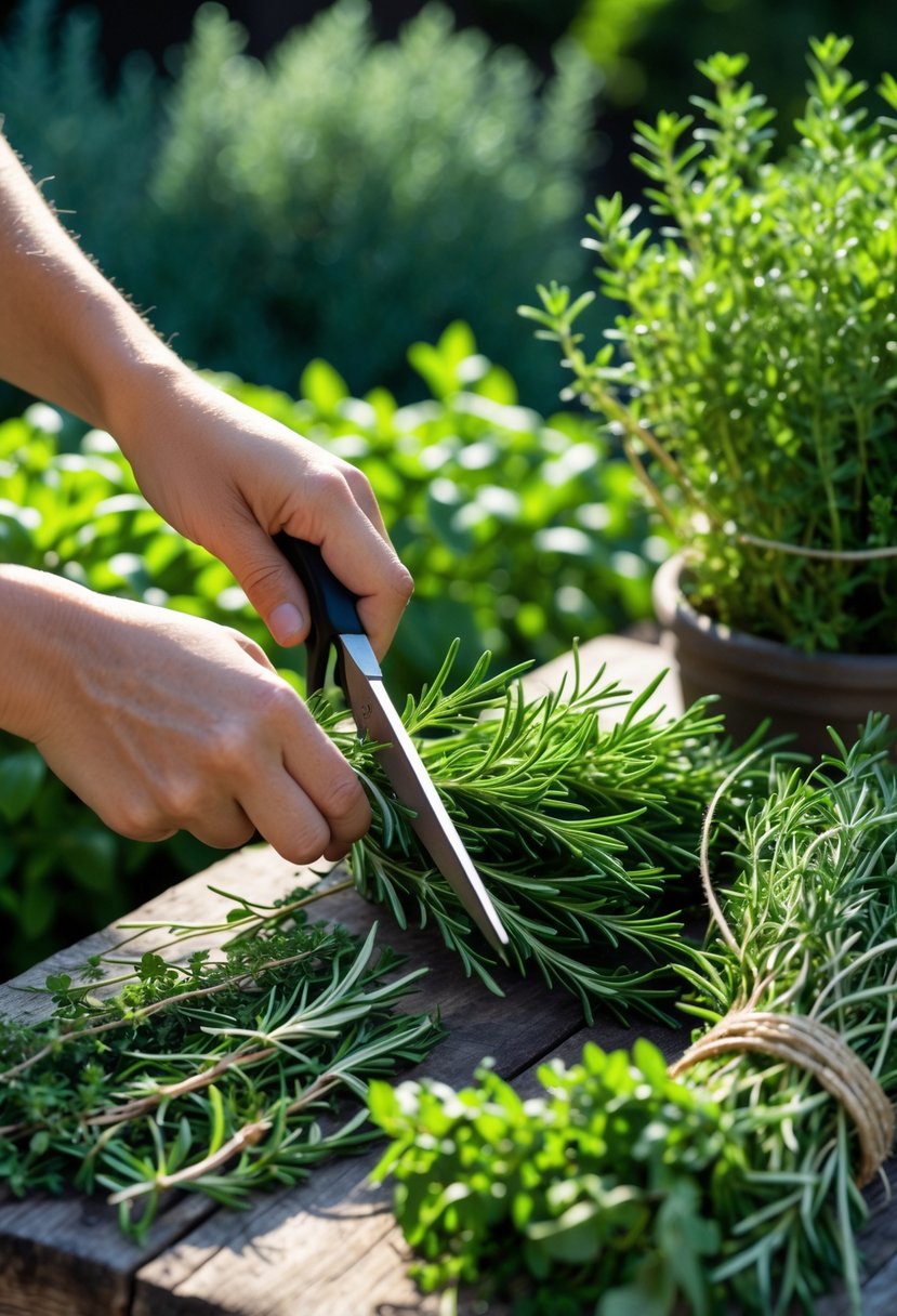 Hands cutting fresh herbs in a garden with bundles of herbs on a wooden table ready for drying.