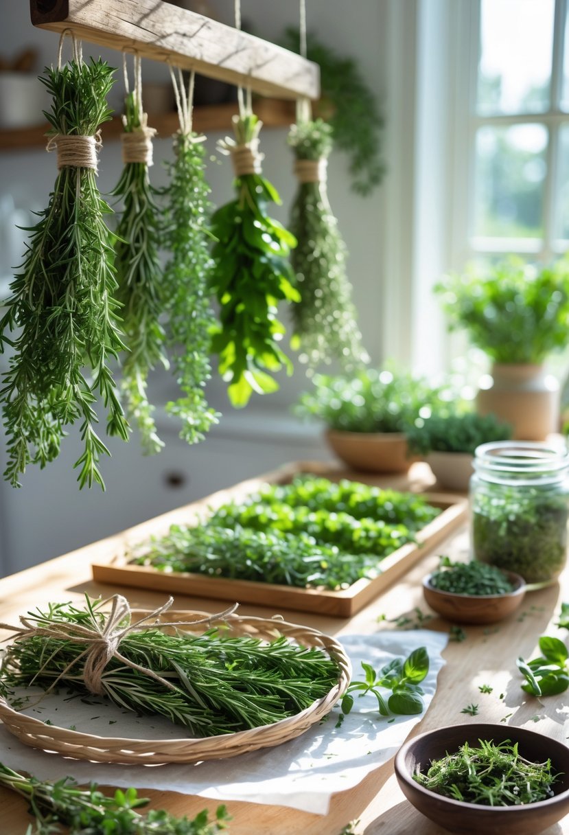 Various fresh and dried herbs displayed in bundles hanging, in baskets, and jars on a wooden kitchen surface with natural light.