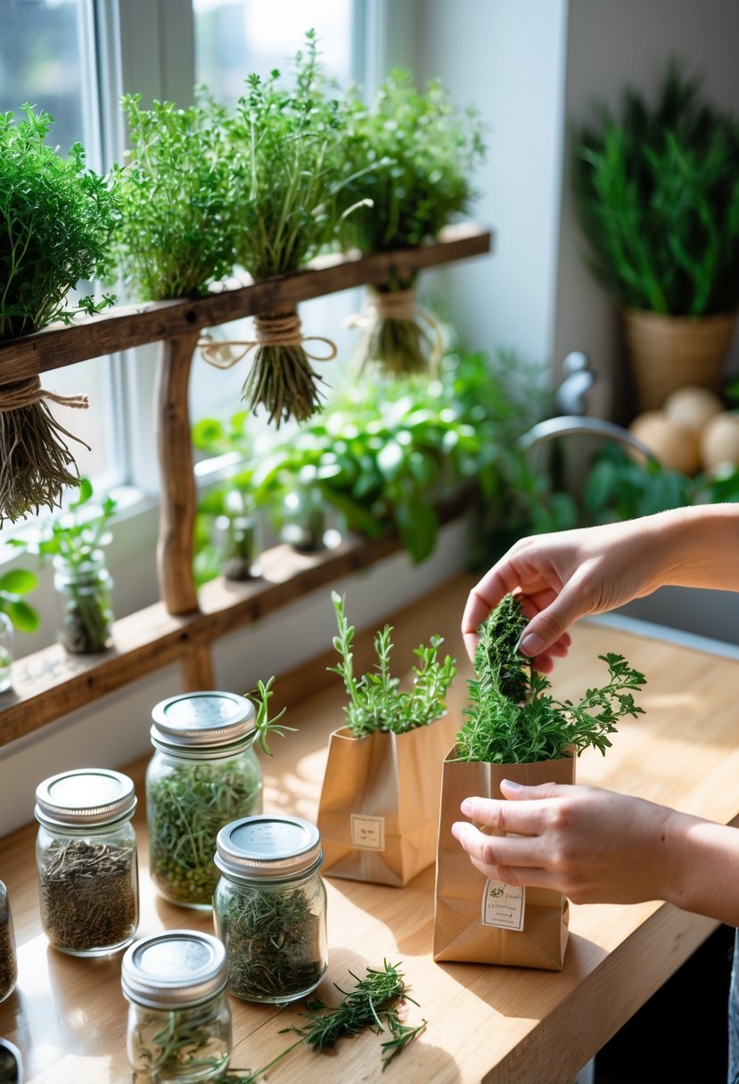 A kitchen countertop with jars of dried herbs, fresh herb bundles hanging to dry, and hands placing herbs into a paper bag.