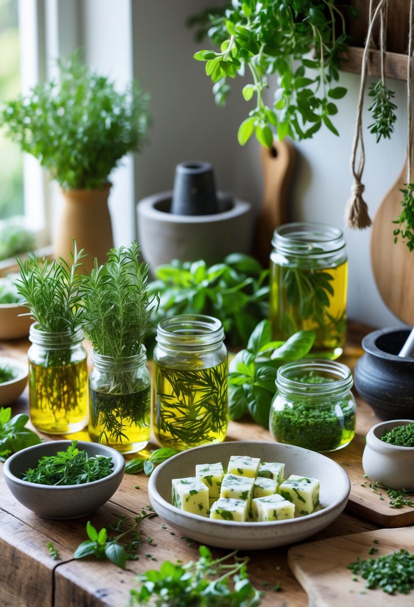 A kitchen table displaying fresh herbs preserved in oil jars, vinegar, herb butter, frozen herb ice cubes, and herbs hanging to dry.