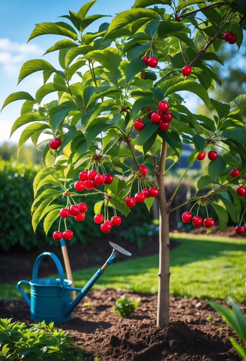 A fruiting cherry tree with ripe red cherries in a sunny garden with gardening tools nearby.