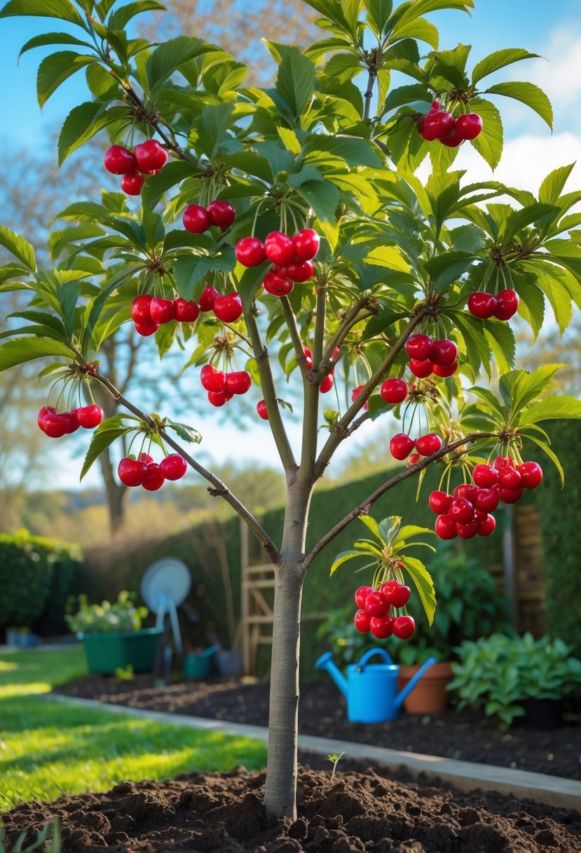 A fruiting cherry tree with ripe red cherries in a sunny garden with gardening tools nearby.