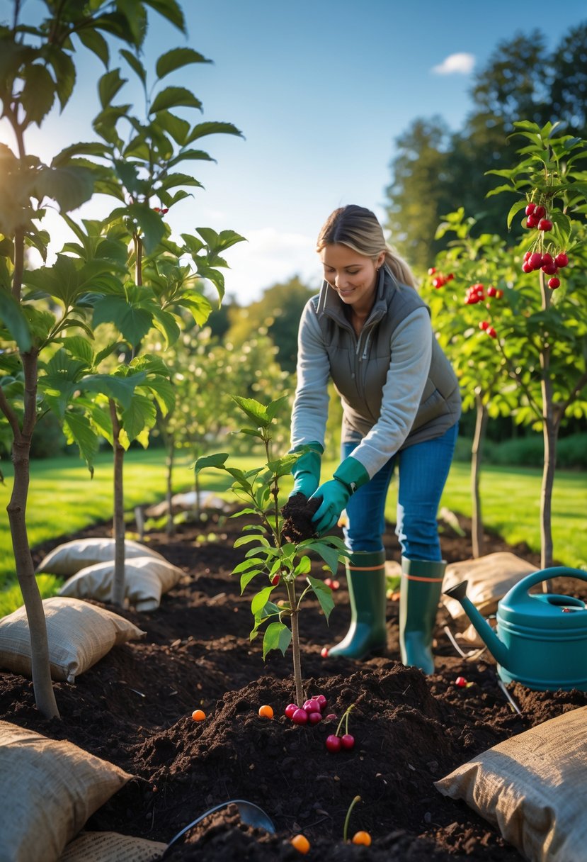 A person planting young fruiting cherry trees in a garden surrounded by gardening tools and green plants.