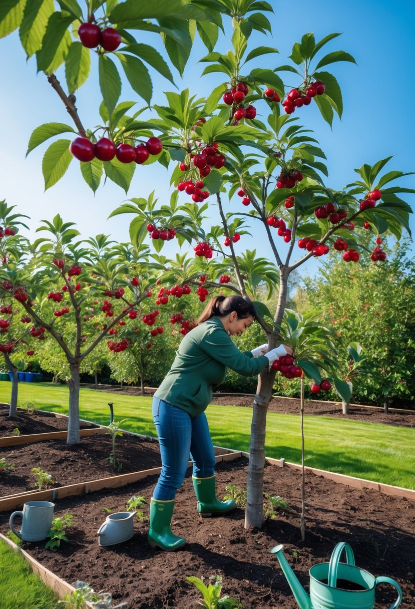 A person caring for a fruiting cherry tree with ripe cherries in a sunny garden.