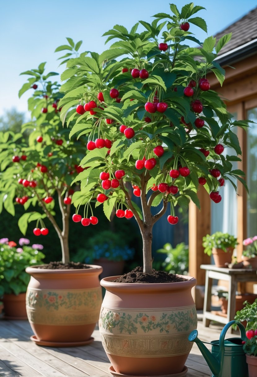 Fruit-bearing cherry trees growing in large containers on a sunny patio with gardening tools nearby.