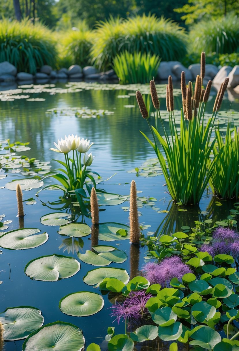 A clear pond filled with various aquatic plants like water lilies, cattails, and water hyacinths surrounded by natural stones and sunlight.