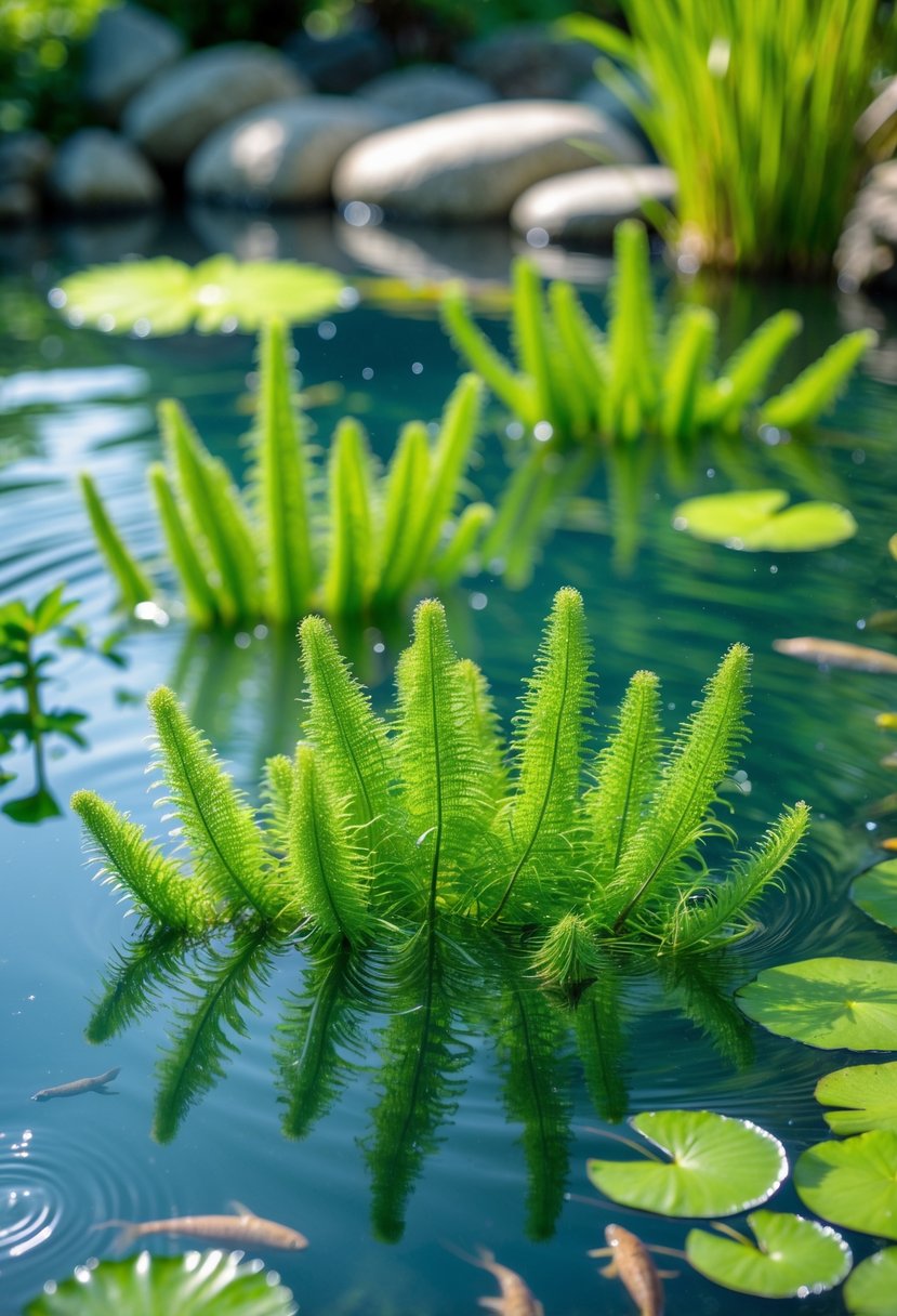 Clear garden pond with vibrant green hornwort plants submerged underwater surrounded by small fish and natural greenery.