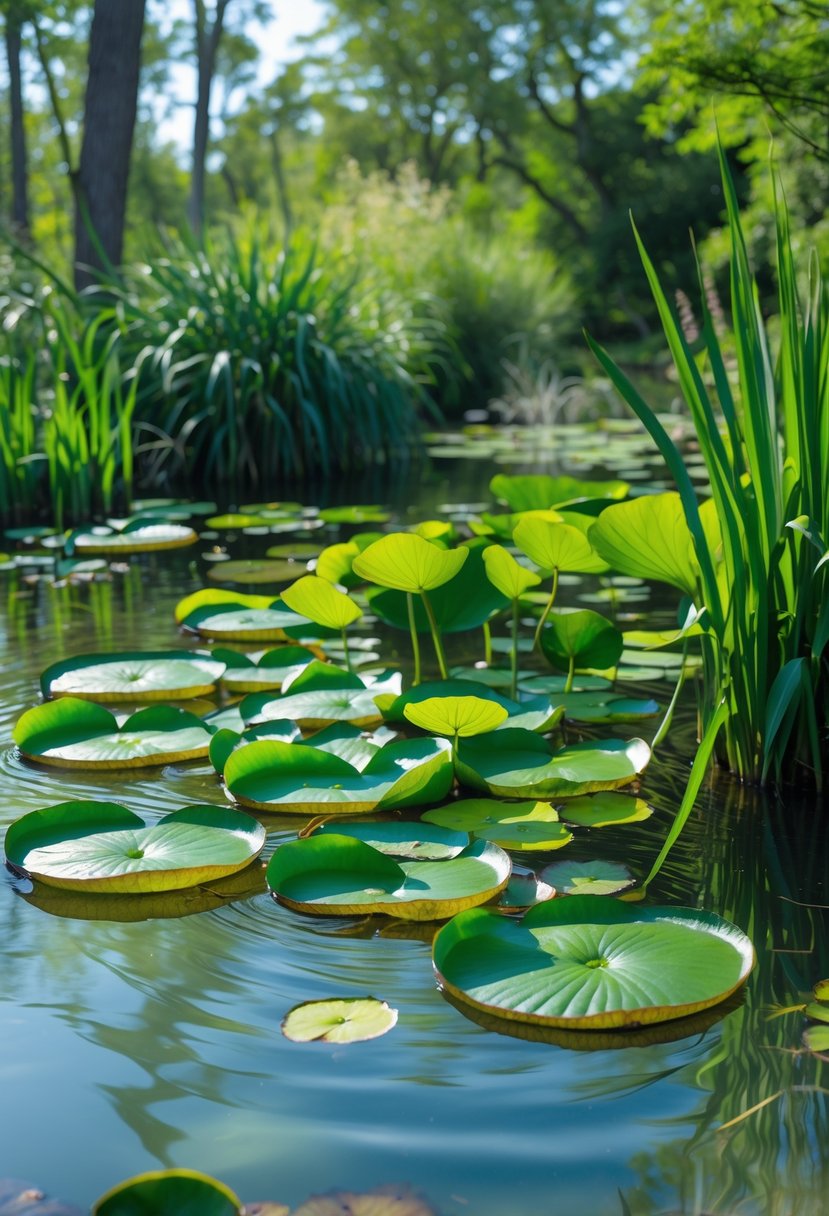 A clear pond with green water lilies floating on the surface surrounded by various aquatic plants.