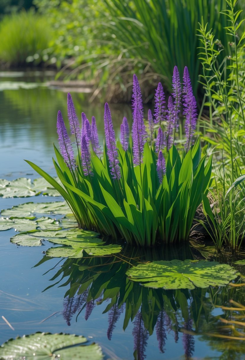 A clear pond with dense green pickerel weed plants and purple-blue flowers growing along the water's edge.