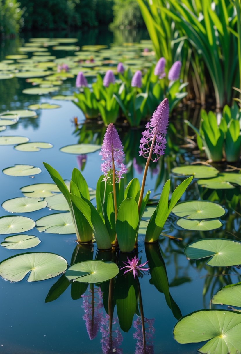 A clear pond with green water hyacinth plants floating on the surface, showing purple flowers and surrounding natural greenery.