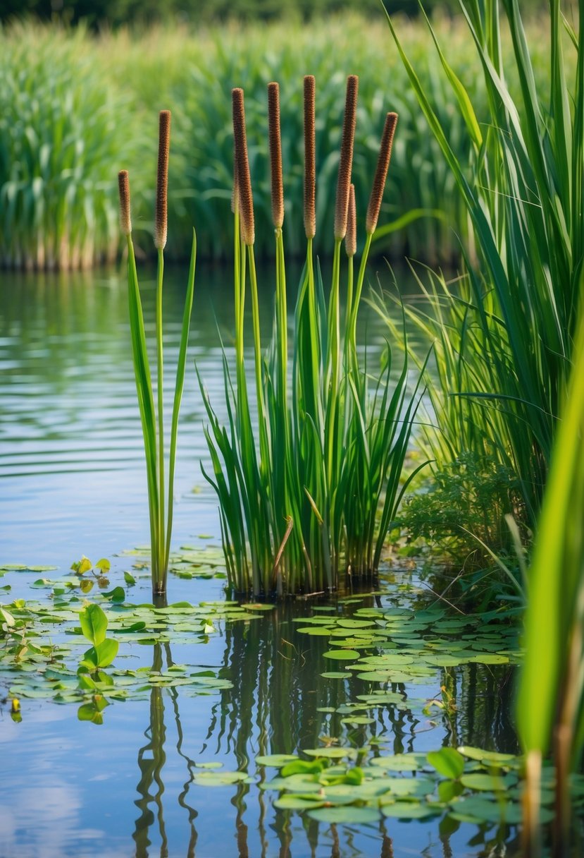 A clear pond bordered by tall green cattail plants with brown flower spikes, surrounded by other aquatic vegetation.